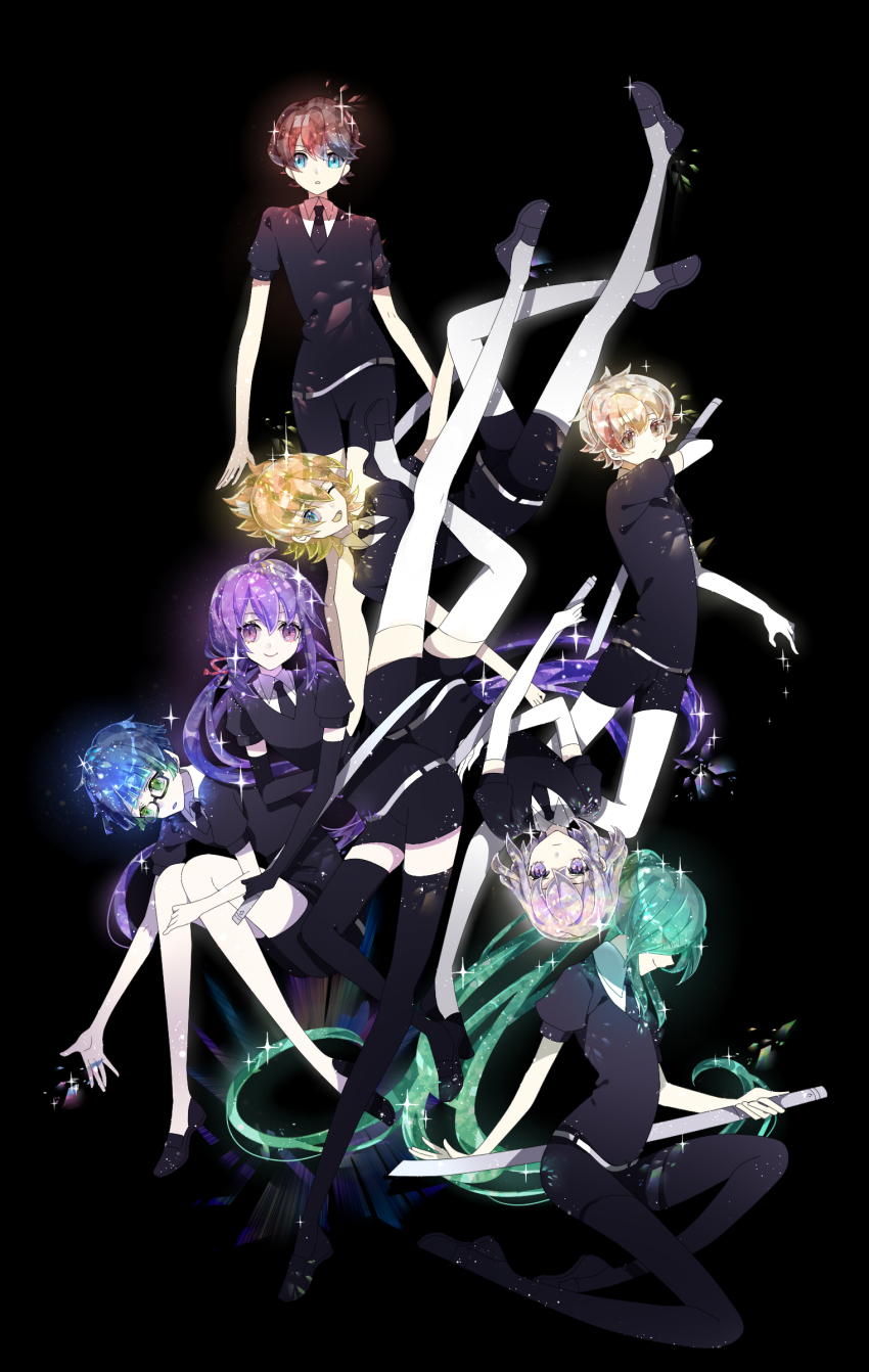 2333 6+boys absurdres aqua_hair black_background blue_hair colored_eyelashes crystal_hair gem_uniform_(houseki_no_kuni) glasses green_hair highres honebami_toushirou horikawa_kunihiro houseki_no_kuni kotegiri_gou long_hair male_focus monoyoshi_sadamune multiple_boys multiple_others namazuo_toushirou necktie nikkari_aoe other_focus purple_hair short_hair short_sleeves silver_hair simple_background smile sparkle touken_ranbu urashima_kotetsu