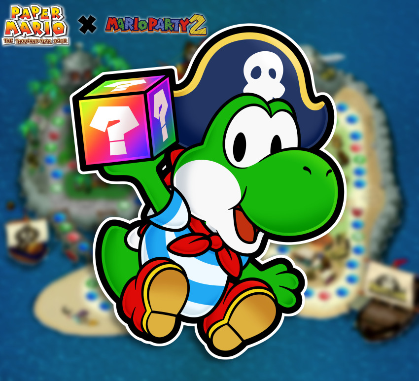 1boy ?_block absurdres blue_stripes blurry blurry_background box furry furry_male hand_up hat highres holding holding_box horizontal-striped_clothes looking_at_object male_focus mario_(series) mario_party mario_party_2 muzyoshi nintendo object_request open_mouth paper_mario pirate_hat red_footwear shirt short_sleeves smile solo striped_clothes striped_shirt t-shirt thick_outlines yoshi yoshi_(pirate_land)