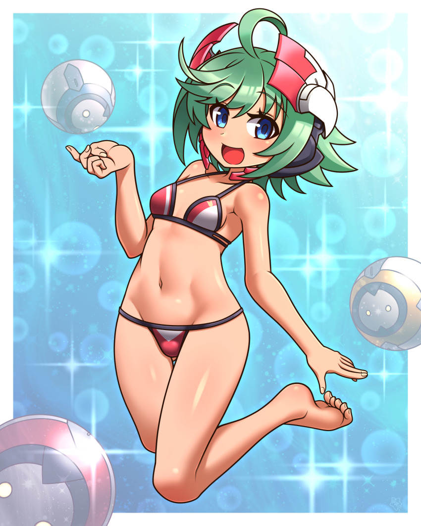 1girl ahoge azure_striker_gunvolt azure_striker_gunvolt_2 ball barefoot bikini blue_eyes breasts commentary_request full_body green_hair headgear highres looking_at_viewer lowleg lowleg_bikini magonzuhamiti multicolored_bikini open_mouth red_bikini roro_(gunvolt) short_hair small_breasts smile solo swimsuit two-tone_bikini