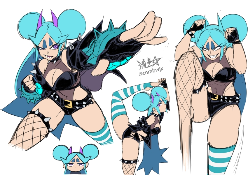 1girl belt black_gloves black_hairband black_jacket blue_hair blue_nails bracelet breasts closed_mouth collar commentary covered_navel double_bun evil_grin evil_smile fingerless_gloves fishnets flat_color gloves grin hair_bun hairband highleg highres horns jacket jewelry kicking large_breasts leg_lift leotard long_hair multiple_belts multiple_views open_mouth original purple_eyes purple_horns ryuusei_(mark_ii) shaded_face sharp_teeth shoulder_spikes shrimball_(ryuusei_(mark_ii)) signature smile spiked_collar spikes strapless strapless_leotard striped_clothes striped_thighhighs sweat sweatdrop teeth thick_eyebrows thigh_strap thighhighs thighs twitter_username very_long_hair white_background white_eyes