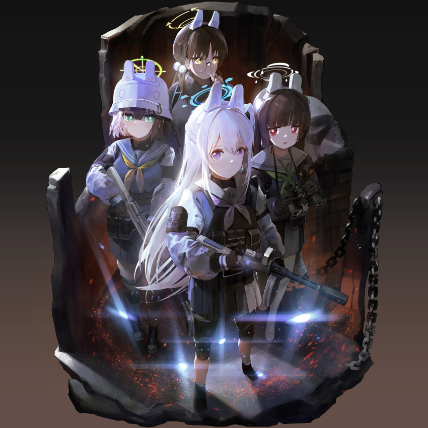 4girls absurdres animal_ears binoculars black_gloves black_hair blue_archive blue_shirt blue_skirt braid brown_hair bulletproof_vest closed_mouth fake_animal_ears glasses gloves green_eyes green_neckerchief gun hair_between_eyes hair_ornament halo helmet highres holding holding_binoculars holding_gun holding_weapon knee_pads light_machine_gun long_hair long_sleeves looking_at_viewer machine_gun miyako_(blue_archive) miyu_(blue_archive) mo_ne moe_(blue_archive) multiple_girls neckerchief open_mouth pleated_skirt pom_pom_(clothes) pom_pom_hair_ornament purple_eyes rabbit_ears red_eyes saki_(blue_archive) shirt skirt smile standing sweater weapon white_hair white_neckerchief yellow_eyes yellow_neckerchief