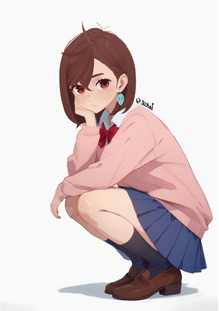 1girl absurdres ayase_momo black_socks blue_skirt bow brown_eyes brown_hair brown_shoes dandadan earrings highres jewelry joadv loafers pink_sweater pleated_skirt red_bow shoes short_hair simple_background skirt socks solo squatting sweater white_background