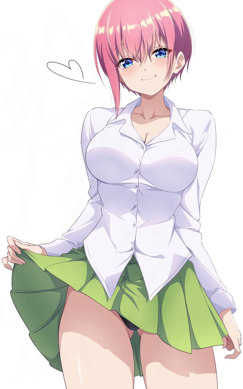 1girl black_panties blue_eyes breasts cleavage clothes_lift collarbone collared_shirt commentary_request gluteal_fold go-toubun_no_hanayome green_skirt heart highres large_breasts lifting_own_clothes looking_at_viewer nakano_ichika nishizuki_shino panties pink_hair shirt short_hair simple_background skirt skirt_lift smile solo thighs underwear white_background white_shirt