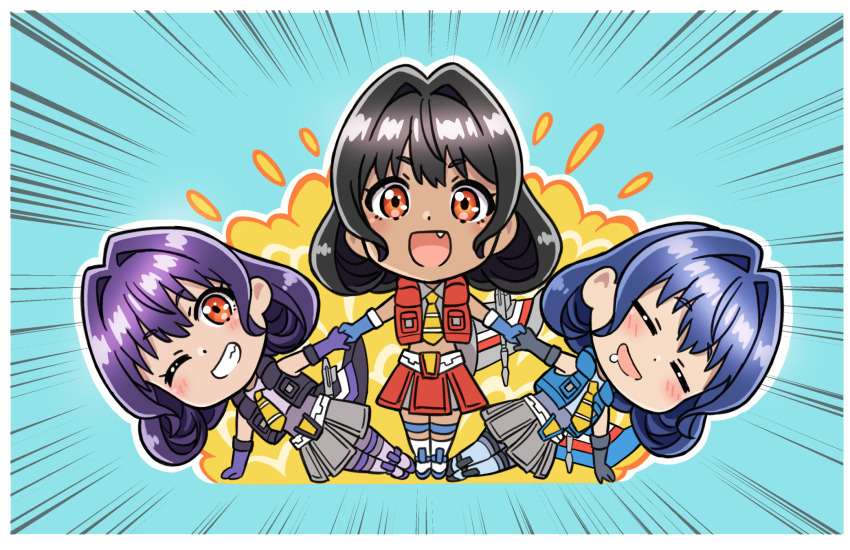 3girls :d black_gloves black_hair black_vest blue_boots blue_gloves blue_hair blue_shirt blue_vest blush bodystocking boots brown_eyes chibi closed_eyes cropped_shirt dark-skinned_female dark_skin drooling explosion fang gloves grey_shirt grey_skirt hair_intakes highres holding_hands komagoma kotobukiya_bishoujo looking_at_viewer multiple_girls one_eye_closed open_mouth parted_lips purple_boots purple_gloves purple_hair red_skirt red_vest shirt short_hair skirt skywarp skywarp_(kotobukiya_bishoujo) smile starscream starscream_(kotobukiya_bishoujo) thigh_strap thundercracker thundercracker_(kotobukiya_bishoujo) transformers vest white_boots