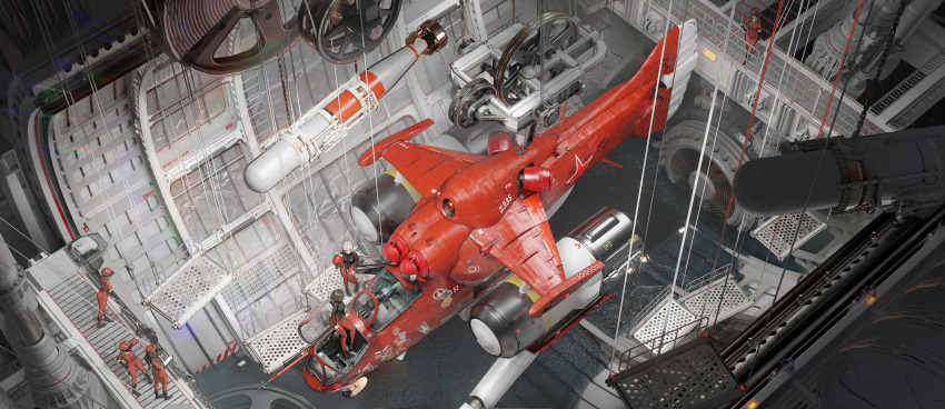 6+girls aircraft catwalk_(walkway) chise_huixing_denixi cockpit fantasy helmet highres industrial_pipe multiple_girls open_cockpit original pilot_helmet pipeline railing scenery torpedo