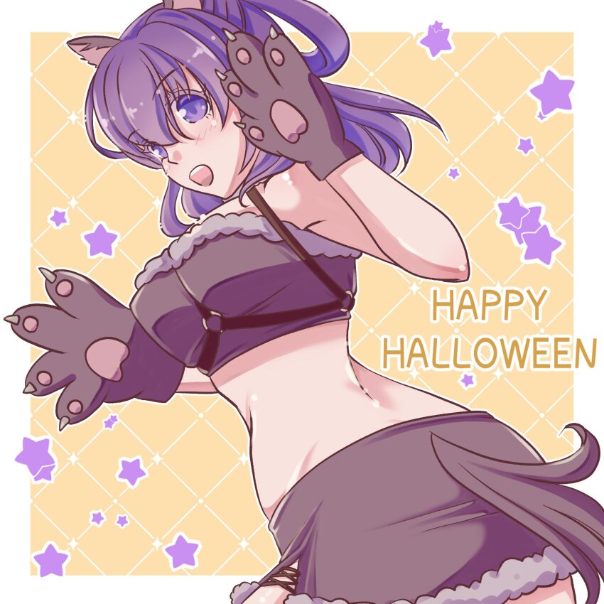 1girl animal_costume animal_ears animal_hands ao_no_kiseki bare_shoulders border breasts brown_skirt brown_tube_top commentary_request cowboy_shot eiyuu_densetsu english_text fur-trimmed_skirt fur-trimmed_tube_top fur_trim gloves hair_rings halloween hands_up happy_halloween highres medium_breasts medium_hair midriff momoiro_sango open_mouth outside_border paw_gloves purple_eyes purple_hair rixia_mao sen_no_kiseki sen_no_kiseki_(series) sen_no_kiseki_ii skirt solo star_(symbol) strapless tail teeth tube_top twisted_torso upper_teeth_only white_border wolf_costume wolf_ears wolf_tail yellow_background