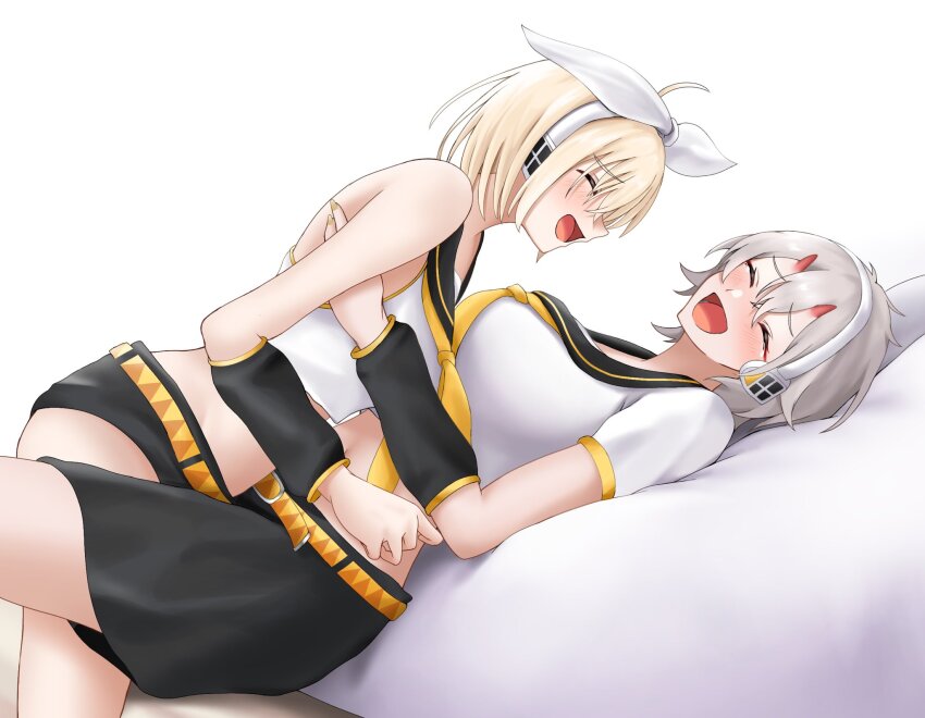 2girls :d ^_^ azur_lane banba_(jakqbigone) bare_arms bare_shoulders bataan_(azur_lane) blonde_hair closed_eyes commentary_request cosplay crop_top grey_hair headphones highres horns kagamine_len kagamine_len_(cosplay) kagamine_rin kagamine_rin_(cosplay) kinu_(azur_lane) midriff multiple_girls open_mouth shirt short_hair short_sleeves sleeveless sleeveless_shirt smile thighs tickling tickling_armpits tickling_sides vocaloid white_background white_shirt