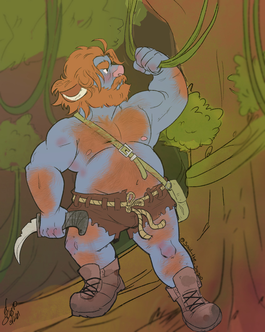 1boy animal_ears arm_hair bag bara beard belly blue_skin blush body_fur brown_shorts bulge chest_hair colored_skin deer_boy deer_ears deformed facial_hair fat fat_man forest frown full_body gus_(orcbardneeul) hairy highres holding holding_knife knife large_pectorals leg_hair looking_up male_focus mature_male monster_boy muscular muscular_male mustache nature navel_hair nipples orange_fur original pectorals plant saisio second-party_source short_hair shorts shoulder_bag solo standing thick_eyebrows thick_mustache vines