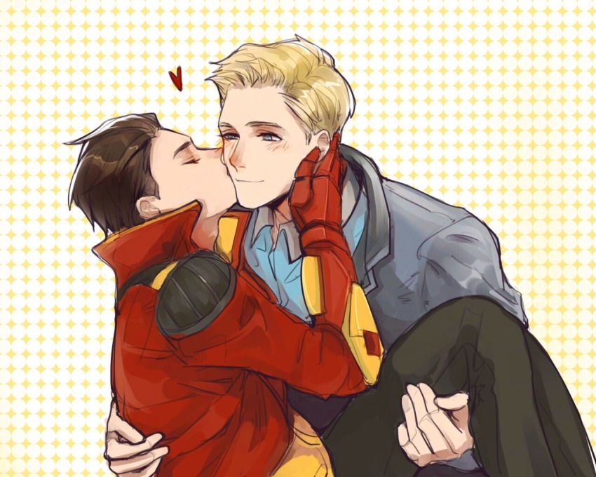 2boys armor avengers_(series) avengers_academy black_pants blonde_hair blue_eyes blue_shirt blush brown_hair carrying closed_eyes closed_mouth collared_jacket collared_shirt commentary english_commentary grey_jacket hand_on_another&#039;s_face hand_up hands_up heart jacket kiss kissing_cheek long_sleeves looking_at_another male_focus marvel multicolored_jacket multiple_boys open_clothes open_jacket pants power_armor princess_carry red_armor red_jacket shirt short_hair smile sparkle sparkle_background steve_rogers tony_stark two-tone_jacket ultimatesue white_background yaoi yellow_jacket