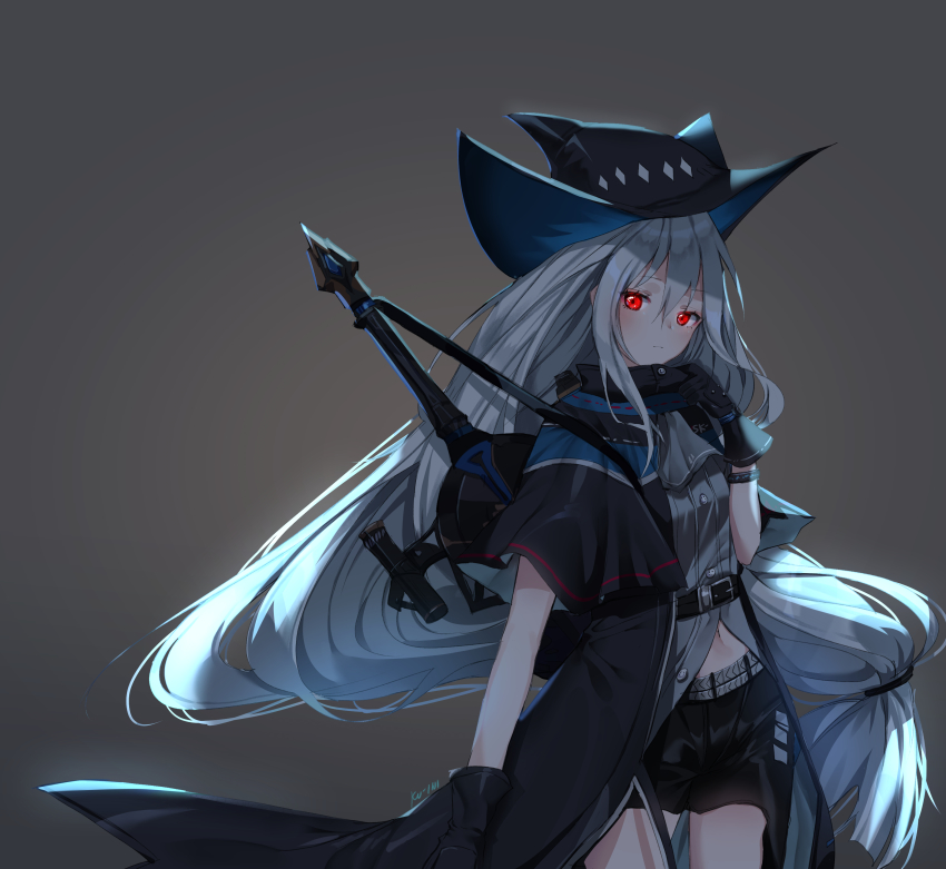 1girl absurdres adjusting_collar arknights artist_name belt black_coat black_gloves black_hat black_shorts bracelet breasts closed_mouth coat cowboy_shot expressionless female_focus floating_hair gloves glowing glowing_eyes gradient_background grey_background grey_shirt hair_between_eyes hat highres jewelry ku-ini long_hair looking_at_viewer low-tied_long_hair midriff navel neckerchief partially_unbuttoned red_eyes science_fiction shade shirt short_shorts shorts shoulder_strap signature silver_hair simple_background skadi_(arknights) small_breasts solo sword thighs weapon