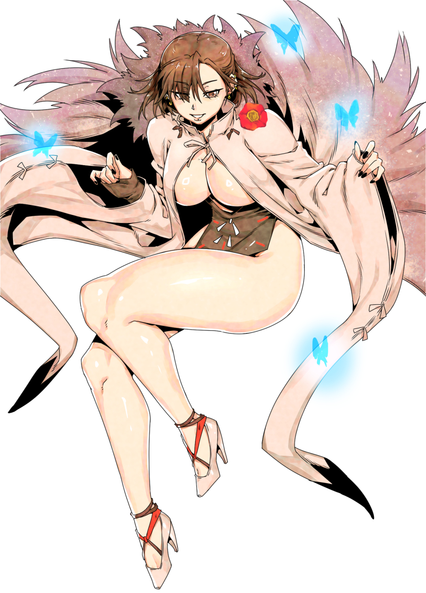 1girl bare_shoulders breasts brown_eyes brown_hair bug butterfly cleavage dress earrings fate/grand_order fate_(series) full_body gloves grin high_heels highres insect jewelry large_breasts looking_at_viewer minew short_hair smile solo yu_mei-ren_(fate)