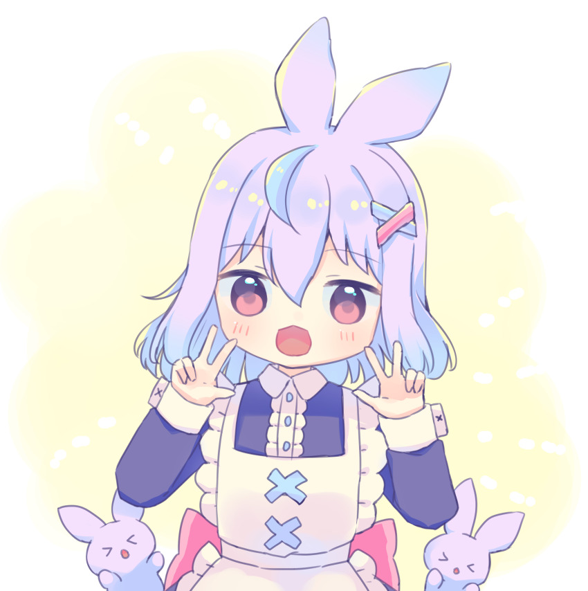 1girl absurdres alternate_costume animal_ears apron back_bow blue_dress blue_hair blush bow brown_eyes center_frills chibi commentary double_w dress enmaided frilled_apron frills gradient_hair hair_between_eyes hair_ornament hands_up highres hyogayome_(artist) hyogayome_(vtuber) indie_virtual_youtuber kangaroo kangaroo_ears kangaroo_girl light_blue_hair long_sleeves looking_at_viewer maid maid_apron medium_hair multicolored_hair open_mouth pink_bow purple_hair self-portrait symbol-only_commentary two-tone_hair virtual_youtuber w white_apron x_hair_ornament