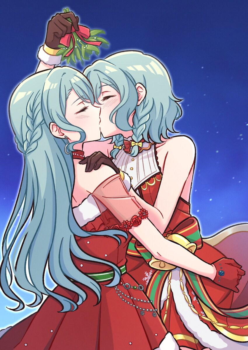 2girls absurdres akamirai aqua_hair bang_dream! bare_shoulders bell black_gloves blue_background bow bowtie braid choker christmas closed_eyes detached_sleeves dress gloves hair_bow highres hikawa_hina hikawa_sayo holding holding_mistletoe incest kiss light_blush long_hair medium_hair mistletoe multicolored_ribbon multiple_girls multiple_hair_bows red_bow red_bowtie red_choker red_dress red_gloves ribbon second-party_source siblings sisters twin_braids twincest twins waist_ribbon yellow_bow yuri