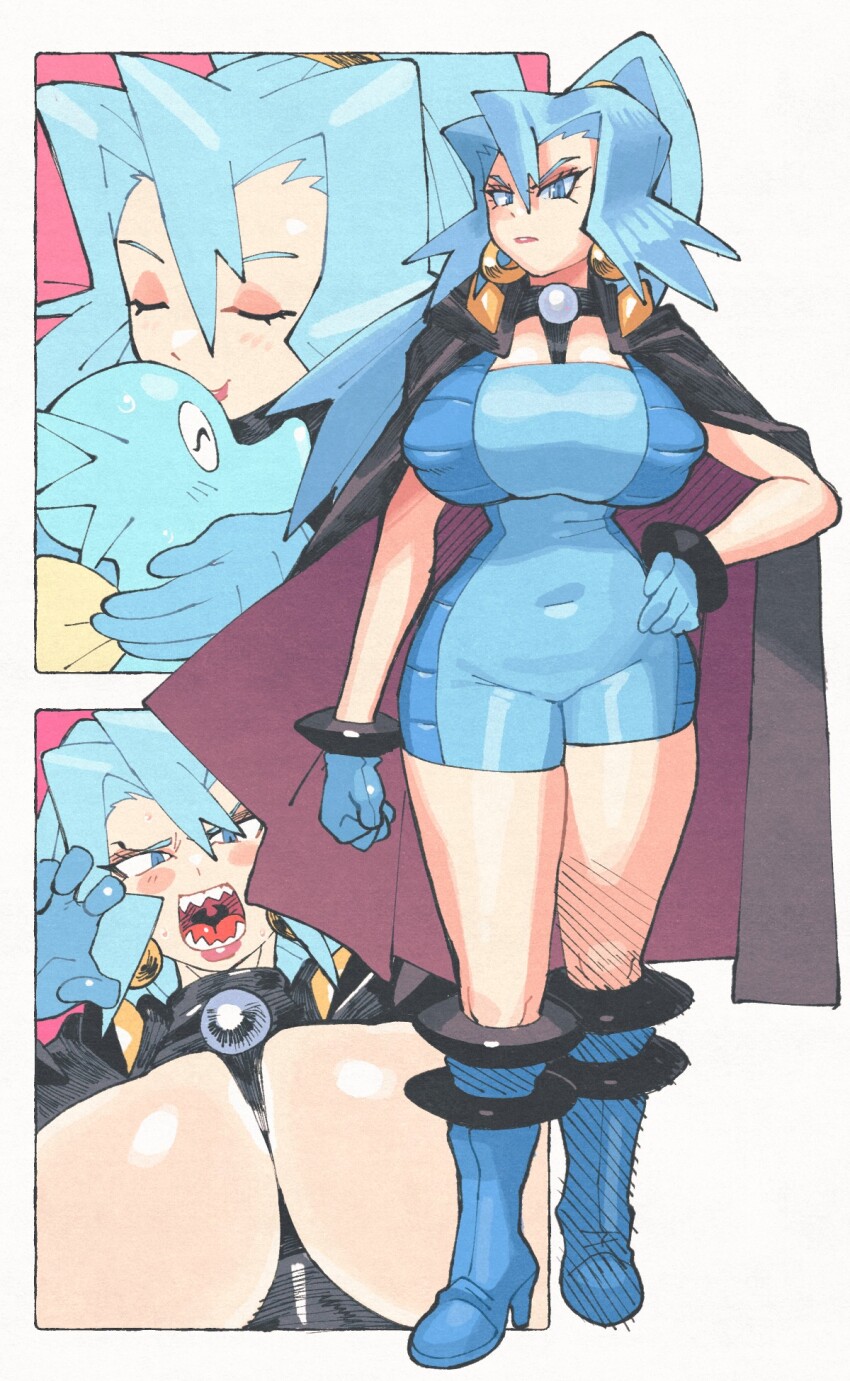 1girl black_cape blue_bodysuit blue_eyes blue_hair bodysuit breasts cape clair_(pokemon) claw_pose closed_eyes covered_erect_nipples earrings full_body gen_1_pokemon high_ponytail highres horsea inkerton-kun jewelry kiss large_breasts multiple_views nintendo pink_hair pokemon pokemon_(creature) pokemon_hgss ponytail seadra sharp_teeth solo_focus teeth