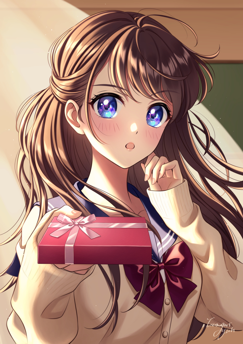 1girl blue_eyes blue_sailor_collar blush bow bowtie box brown_hair cardigan chalkboard commentary_request gift gift_box hand_up highres holding holding_gift incoming_gift indoors long_hair long_sleeves looking_at_viewer open_mouth original red_bow red_bowtie sailor_collar school_uniform serafuku signature sleeves_past_wrists solo tsumagari_yuki upper_body valentine yellow_cardigan