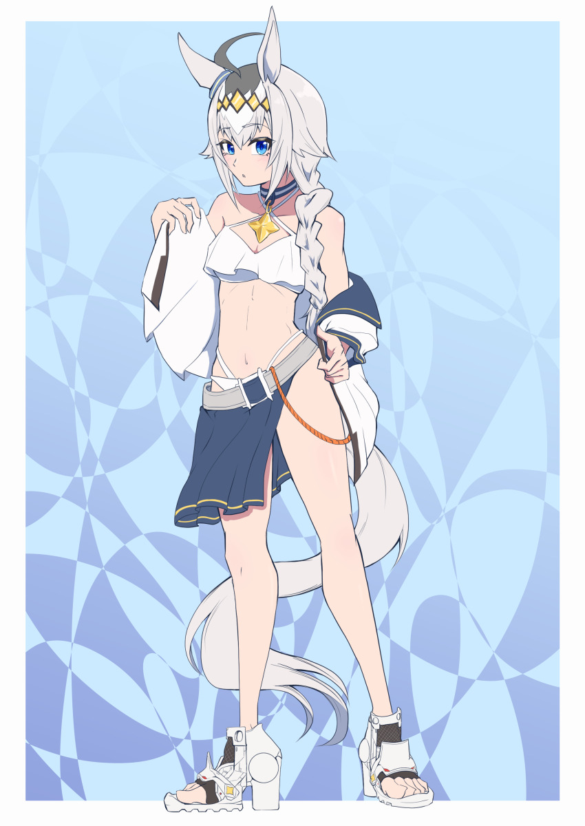 1girl absurdres ahoge alternate_costume animal_ears bikini blue_eyes blush breasts chia_ikaruga collarbone commentary_request full_body grey_hair highres horse_ears horse_girl horse_tail looking_at_viewer oguri_cap_(umamusume) simple_background small_breasts swimsuit tail umamusume