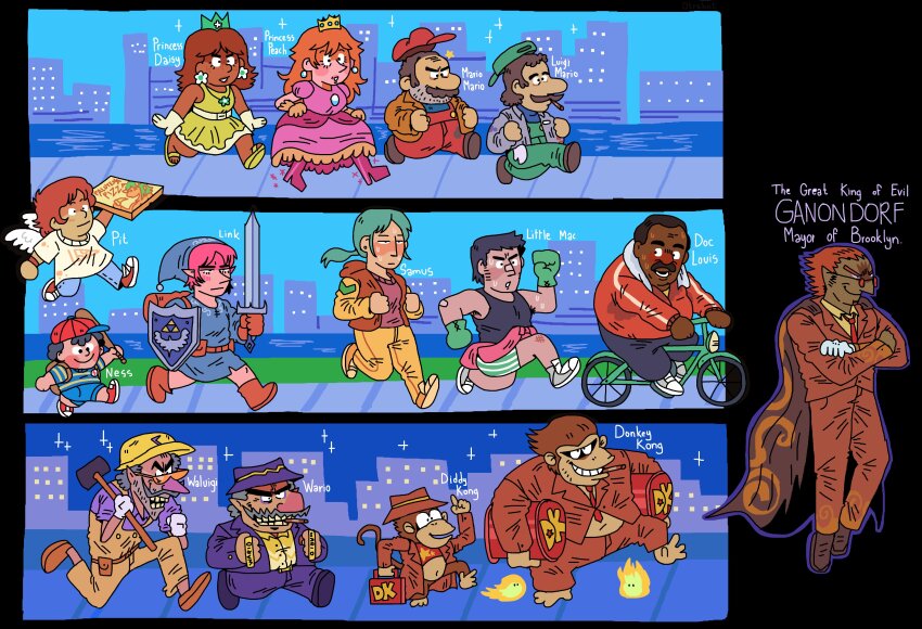 2others 3girls 4girls 6+boys :d absurdres angel_wings arm_cannon backpack backwards_hat bag bandana barrel baseball_bat baseball_cap basketball_uniform beanie beard bicycle big_nose black_hair blue_hair blue_overalls blue_tank_top blush boots boxing_gloves brass_knuckles brown_bag brown_hair buck_teeth building cane cape castle city cityscape clenched_hands closed_eyes closed_mouth clown coat cosplay crossed_arms crossover crown dark-skinned_female dark-skinned_male dark_skin diddy_kong doc_louis donkey_kong donkey_kong_(series) dress earrings english_text facial_hair fingerless_gloves fire flower_earrings flying food formal_clothes freckles ganon glasses gloves green_gloves green_hair green_tunic hammer happy hard_hat hat helmet highres holding holding_barrel holding_baseball_bat holding_cane holding_food holding_map holding_pizza holding_shield holding_sword holding_weapon holding_whip humanization jacket jewelry jogging jumpsuit kid_icarus lava left-handed link little_mac long_hair long_nose long_sleeves luigi map mario mario_(series) master_sword metroid mini_crown mother_(series) mother_2 multiple_boys multiple_crossover multiple_girls multiple_others mustache necktie ness_(mother_2) new_york_city nintendo open_clothes open_mouth orange_hair otrebot overalls pants pink_dress pink_hair pit_(kid_icarus) pizza pizza_box pointy_ears pointy_nose ponytail princess_daisy princess_peach punch-out!! purple_shirt pyrokinesis racket raincoat red_eyes red_gloves red_hair red_jacket red_suit riding riding_bicycle running samus_aran sharp_teeth shield shirt shoes short_hair short_sleeves shorts shoulder_bag skateboard skyscraper smile sneakers sparkle spiked_shell sportswear suit sunglasses super_crown suspenders sweatpants sword tank_top teeth tennis_racket the_legend_of_zelda thick_eyebrows thick_lips top_hat torch triforce tunic v-shaped_eyebrows walking waluigi wario weapon white_gloves wings yellow_dress