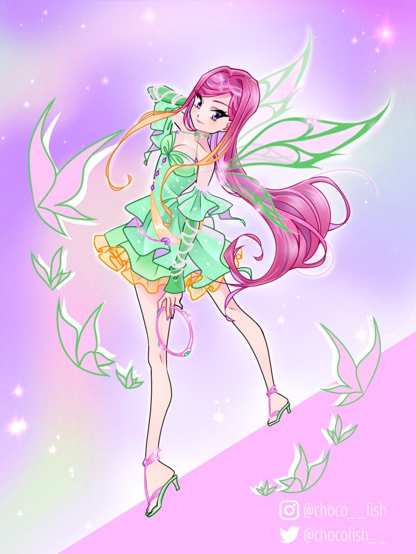 1girl alternate_costume arm_behind_head arm_ribbon bad_id bad_twitter_id bare_legs breasts butter buttons chocofish choker circlet cleavage closed_mouth commentary detached_sleeves dress english_commentary eyeshadow fairy fairy_wings food frilled_dress frills full_body green_arm_warmers green_choker green_dress green_sandals green_sleeves green_wings happy high_heel_sandals highres holding holding_weapon instagram_username light_blush light_particles lipstick long_hair looking_at_viewer magical_girl makeup outline pink_eyeshadow pink_hair pink_lips pink_ribbon pink_wings pleated_sleeves purple_background purple_eyes ribbon roxy_(winx_club) sandals short_dress short_sleeves smile solo sparkle standing strapless strapless_dress swept_bangs twitter_username two-tone_wings very_long_hair watermark wavy_hair weapon white_outline wings winx_club