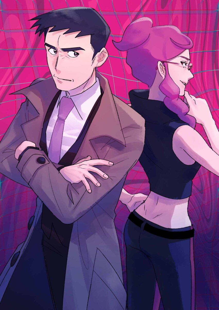 1boy 1girl absurdres ass back-to-back black_hair coat crossed_arms hand_on_own_chin highres looker_(pokemon) looking_at_another looking_back malva_(pokemon) midriff nintendo papurikagakusyu parted_lips pink_hair pokemon pokemon_xy red_eyes thick_eyebrows trench_coat
