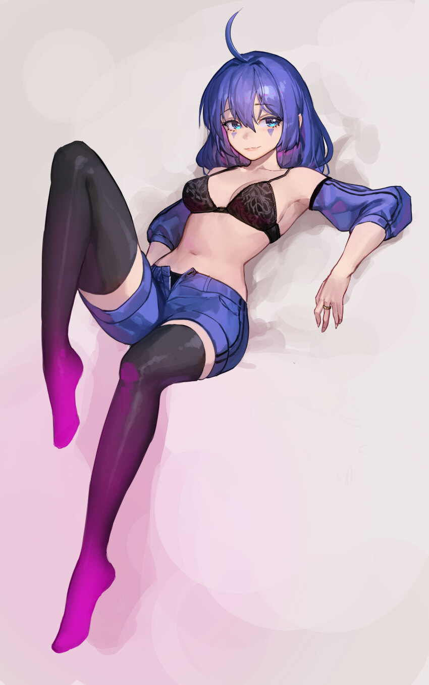 absurdres ahoge armpits black_bra black_thighhighs blue_eyes bra breasts collarbone detached_sleeves facial_tattoo hair_between_eyes highres jewelry light_smile long_hair looking_to_the_side mac_star medium_breasts multicolored_thighhighs navel original panties pink_thighhighs purple_hair reclining ring short_shorts shorts simple_background tattoo thighhighs triangle_tattoo underwear white_background