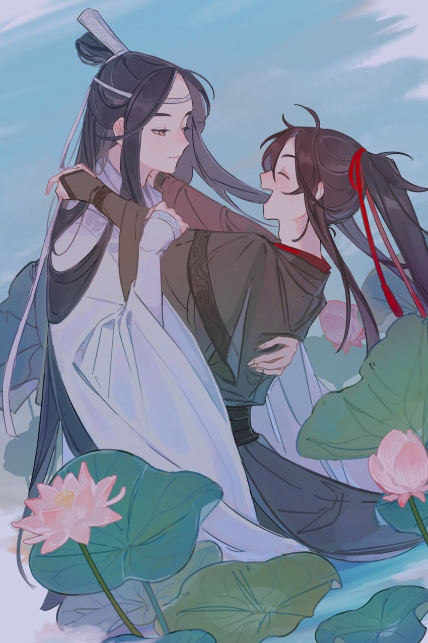 2boys bishounen black_hair black_hanfu blue_sky brown_hair chinese_clothes closed_eyes day flower hair_ribbon hanfu headband highres hug lan_wangji lily_pad long_hair long_sleeves looking_at_another lotus male_focus modao_zushi multiple_boys open_mouth outdoors ponytail red_ribbon ribbon sidelocks sky smile topknot upper_body very_long_hair water wei_wuxian whale_52hz_o white_hanfu white_headband wide_sleeves xiao_guan_(headdress) yaoi yellow_eyes