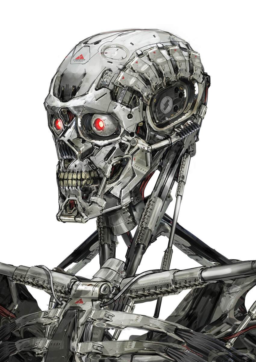 absurdres android barcode commentary english_commentary english_text glowing glowing_eyes highres humanoid_robot johnson_ting machinery mechabare no_humans no_skin photoshop_(medium) red_eyes robot science_fiction simple_background t-800 teeth terminator_(series) textless_version the_terminator white_background