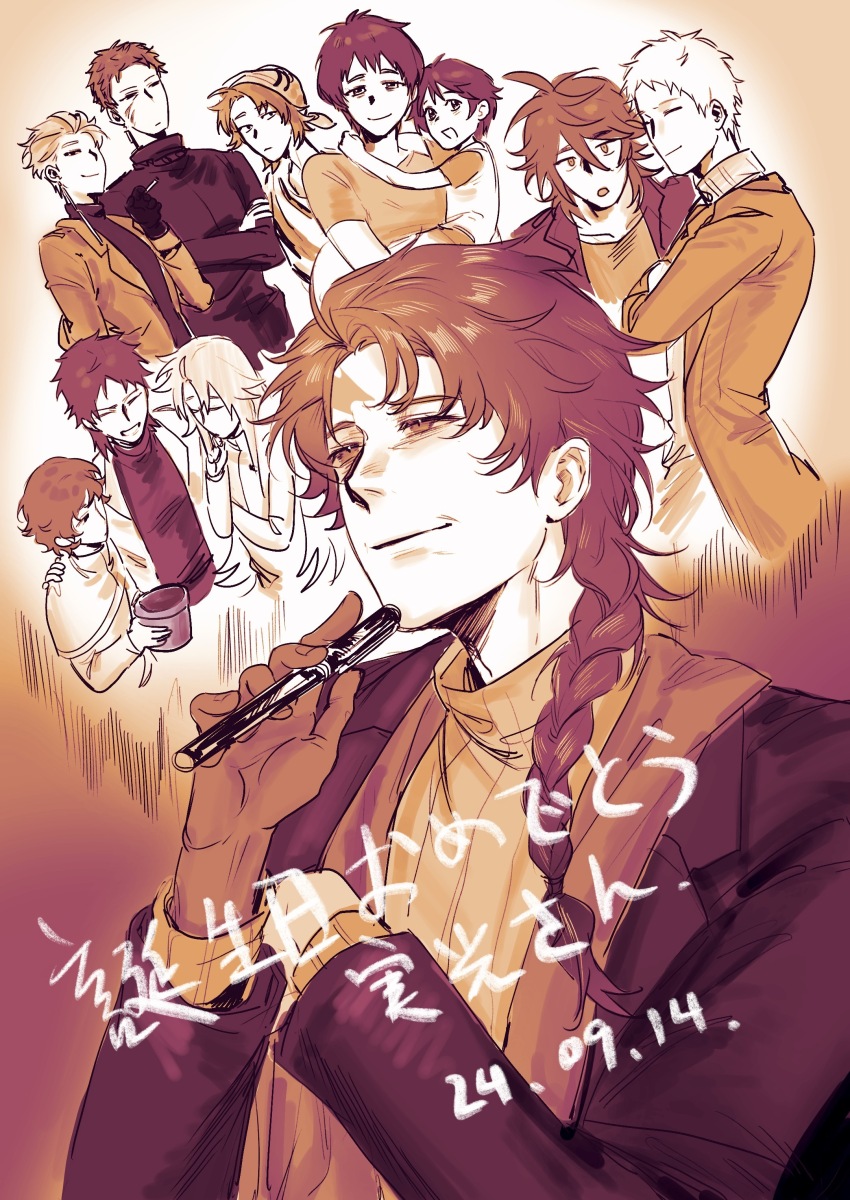 2girls 6+boys absurdres annie_(saibou_shinkyoku) atou_haruki braid brown_theme capelet carrying carrying_person character_name child chinese_commentary closed_eyes closed_mouth commentary crossed_arms dated dreyfus_zweig earrings expressionless hand_on_another&#039;s_shoulder happy_birthday harada_minoru hatsutori_hajime highres holding holding_pen isoi_rai isoi_reiji isoi_reiji_(rei-kun) jacket jewelry long_hair long_sleeves monochrome multiple_boys multiple_girls open_clothes open_jacket pen raglan_sleeves ribbed_sweater saibou_shinkyoku sashatsurukawa08 scar scar_on_face scar_on_forehead short_hair short_sleeves side_braid single_braid smile sweater theodore_riddle translated turtleneck turtleneck_sweater utsugi_noriyuki
