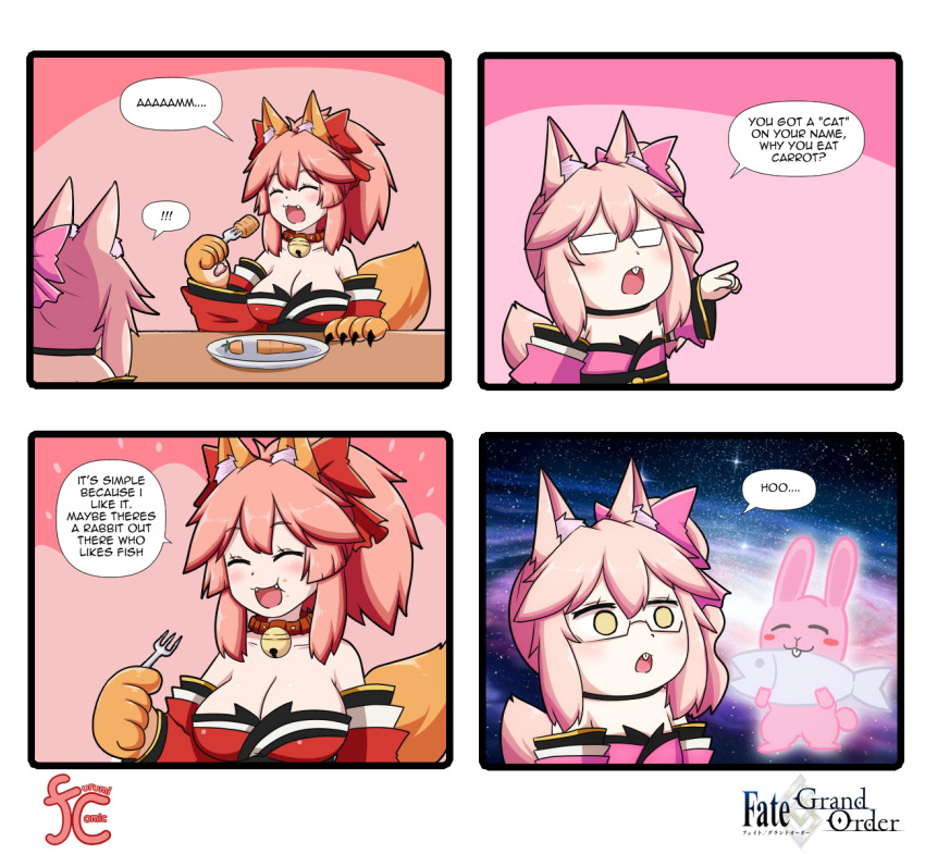 2girls 4koma animal_ear_fluff animal_ears animal_hands bare_shoulders bell blush breasts carrot cat_paws cleavage closed_eyes collar collarbone comic detached_sleeves eating english_text fangs fate/grand_order fate_(series) fish food fox_ears fox_girl fox_tail galaxy glasses gloves grey-framed_eyewear hair_ribbon highres japanese_clothes jingle_bell keita_naruzawa kimono koyanskaya_(fate) large_breasts mini_person minigirl multiple_girls multiple_persona neck_bell open_mouth paw_gloves pink_hair pink_ribbon ponytail rabbit red_kimono red_ribbon ribbon side_ponytail space speech_bubble square_4koma tail tamamo_(fate) tamamo_cat_(fate) tamamo_cat_(first_ascension)_(fate) vegetable
