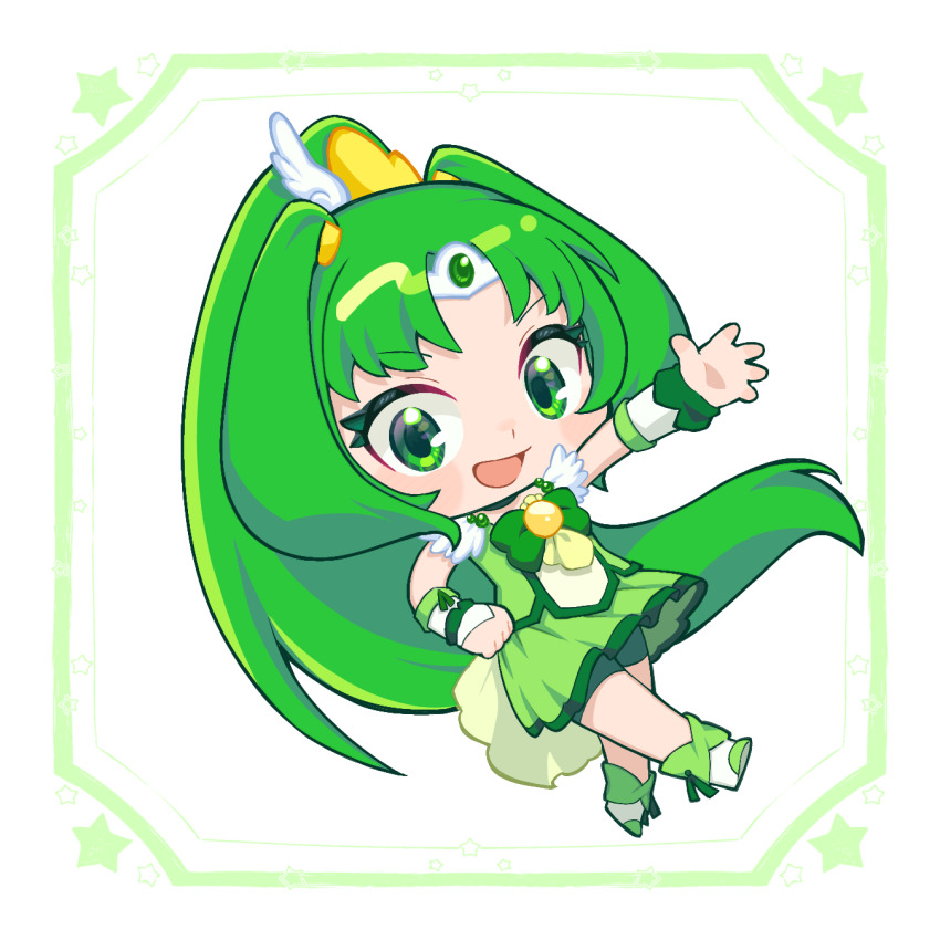 1girl arm_warmers bike_shorts bike_shorts_under_skirt blush boots bow bowtie brooch chibi choker circlet cure_march green_boots green_bow green_bowtie green_choker green_eyes green_hair green_shirt green_shorts green_skirt hair_ornament highres jewelry long_hair magical_girl midorikawa_nao open_mouth plv_276 ponytail precure shirt short_sleeves shorts skirt smile_precure! solo wing_hair_ornament