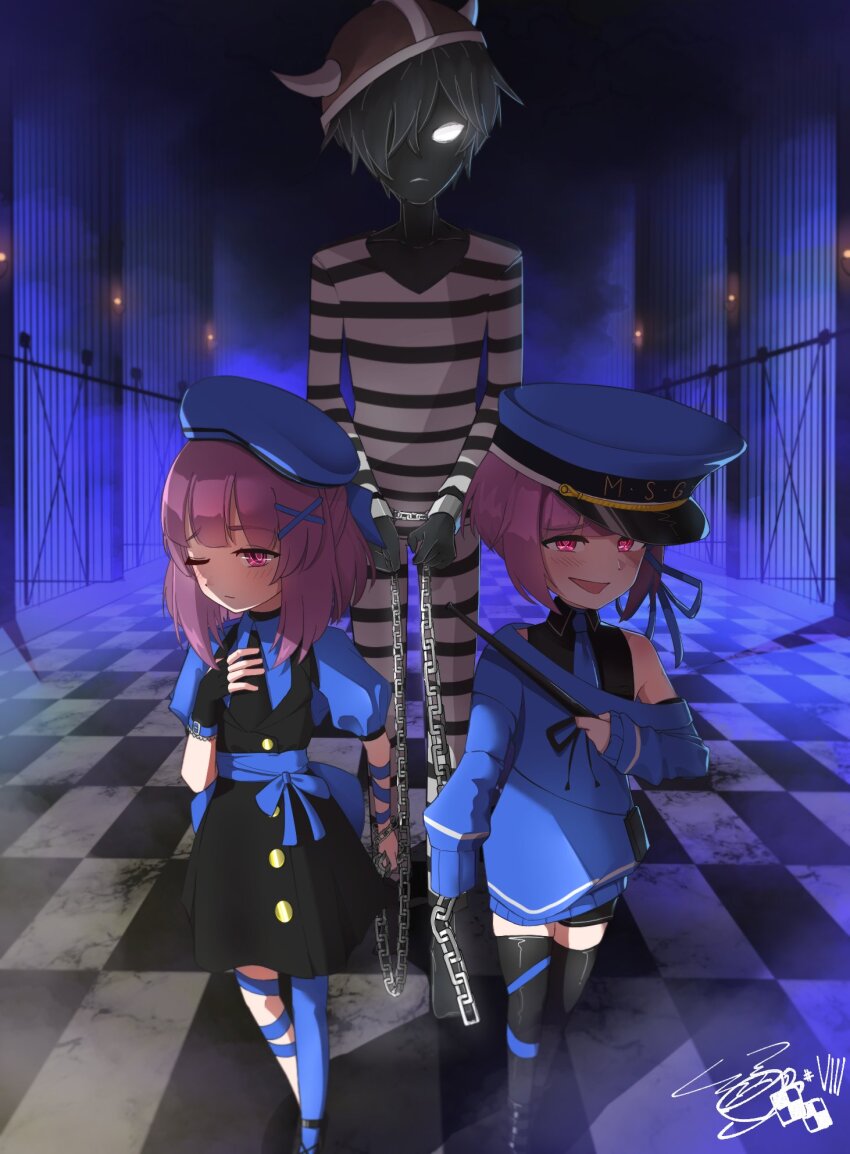 1girl 2boys artist_request baton blue_dress chain cosplay dress fallenshadow handwraps hat helmet highres multiple_boys one_eye_closed persona persona_5 prison prisoner purple_eyes purple_hair ribbon smirk thighhighs velvet_room virtual_youtuber wink