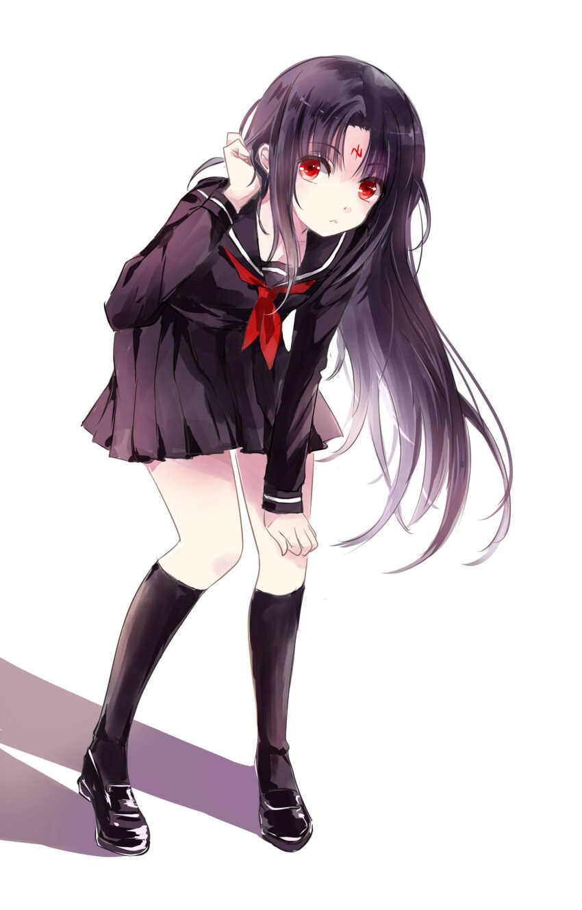 1boy alternate_costume black_hair black_socks closed_mouth commentary_request crossdressing crossdressing_(mtf) facial_mark fire_emblem fire_emblem:_path_of_radiance forehead_mark highres kneehighs long_hair looking_at_viewer male_focus mana_(tonyandtony) nintendo pleated_skirt red_eyes sailor_collar school_uniform skirt socks solo soren_(fire_emblem)