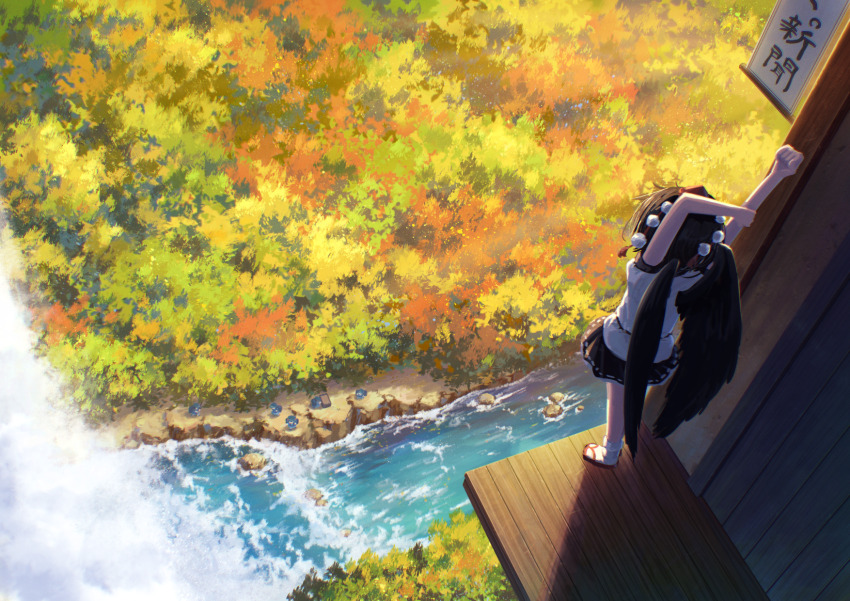 1girl belt bird_wings black_belt black_hair black_skirt black_wings commentary_request feathered_wings frilled_skirt frills from_above full_body hat highres lake outstretched_arms pom_pom_(clothes) puffy_short_sleeves puffy_sleeves red_hat rock sandals scenery shameimaru_aya shirt short_hair short_sleeves skirt socks solo suteruko tokin_hat touhou tree white_shirt white_socks wings