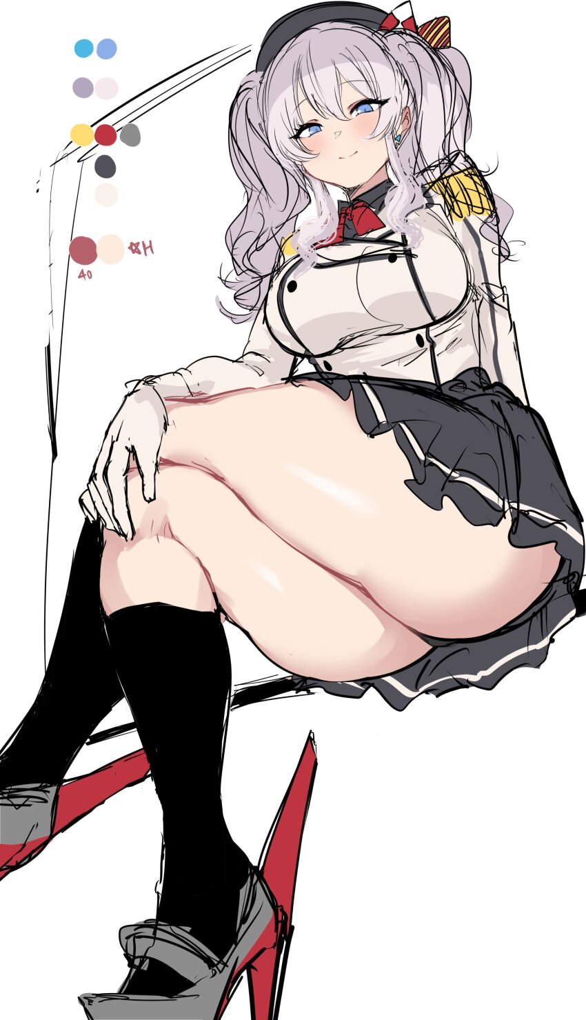 1girl absurdres agetama ass beret black_socks blue_eyes blue_hat blue_skirt breasts closed_mouth crossed_legs epaulettes gloves grey_footwear grey_hair grey_shirt hat high_heels highres jacket kantai_collection kashima_(kancolle) large_breasts military_hat military_jacket miniskirt neckerchief pleated_skirt red_footwear red_neckerchief shirt sitting skirt smile socks solo thick_thighs thighs two_side_up white_gloves