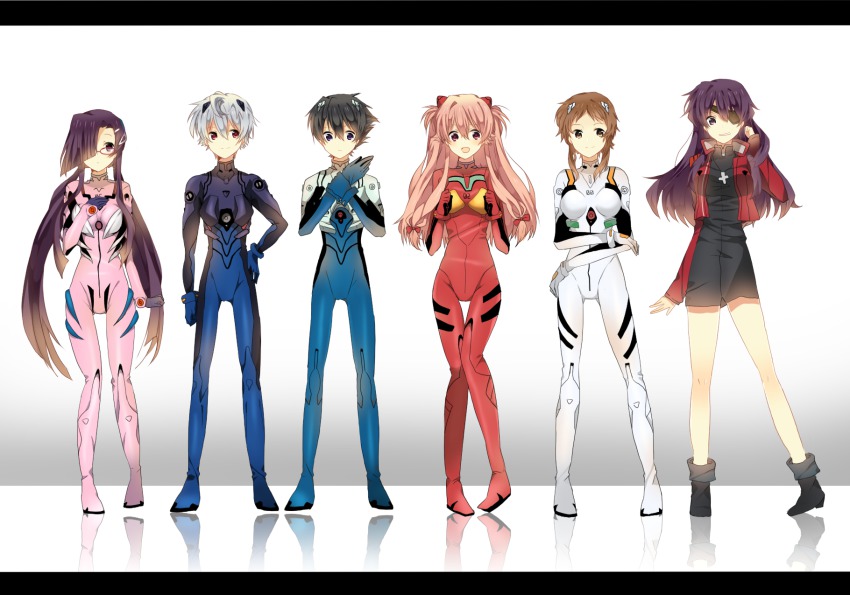 2boys 4girls akise_aru alternate_hairstyle amano_yukiteru ayanami_rei ayanami_rei_(cosplay) bad_id bad_pixiv_id bespectacled black_dress brown_hair cosplay dress expressionless eyepatch full_body gasai_yuno glasses grey_hair hair_ornament hairclip highres hino_hinata ikari_shinji ikari_shinji_(cosplay) interface_headset_(evangelion) ishida_akira_(voice_actor) jacket kasugano_tsubaki katsuragi_misato katsuragi_misato_(cosplay) makinami_mari_illustrious makinami_mari_illustrious_(cosplay) mecha_pilot_suit mirai_nikki multiple_boys multiple_girls nagisa_kaworu nagisa_kaworu_(cosplay) neon_genesis_evangelion nishinomiya_saku pink_hair plugsuit_(evangelion) purple_hair rebuild_of_evangelion smile souryuu_asuka_langley_(cosplay) standing trait_connection twintails uryuu_minene voice_actor_connection