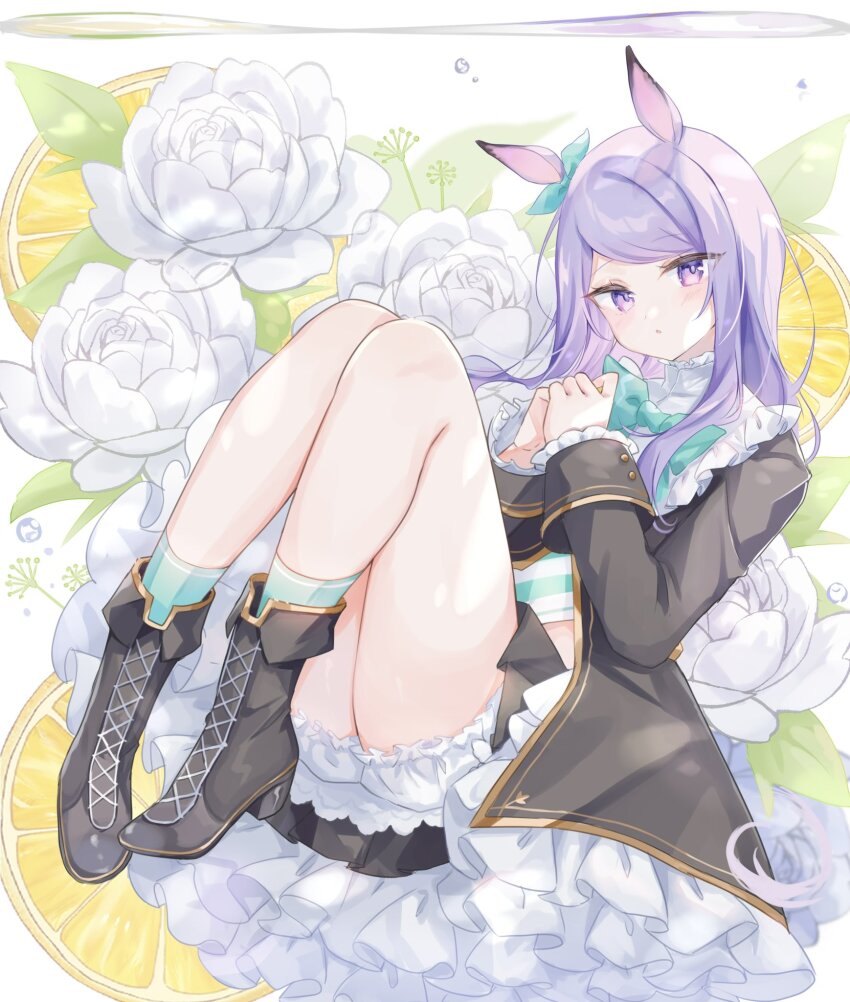 1girl :o air_bubble animal_ears aqua_bow aqua_bowtie aqua_socks boots bow bowtie brown_jacket bubble dress flower food frilled_dress frilled_underwear frills fruit gold_trim highres horse_ears horse_girl jacket leaf legs lemon lemon_slice long_hair long_sleeves looking_at_viewer mejiro_mcqueen_(umamusume) moko_(mokochisa) parted_lips purple_eyes purple_hair reclining rose socks solo submerged thighs umamusume underwater white_flower white_rose
