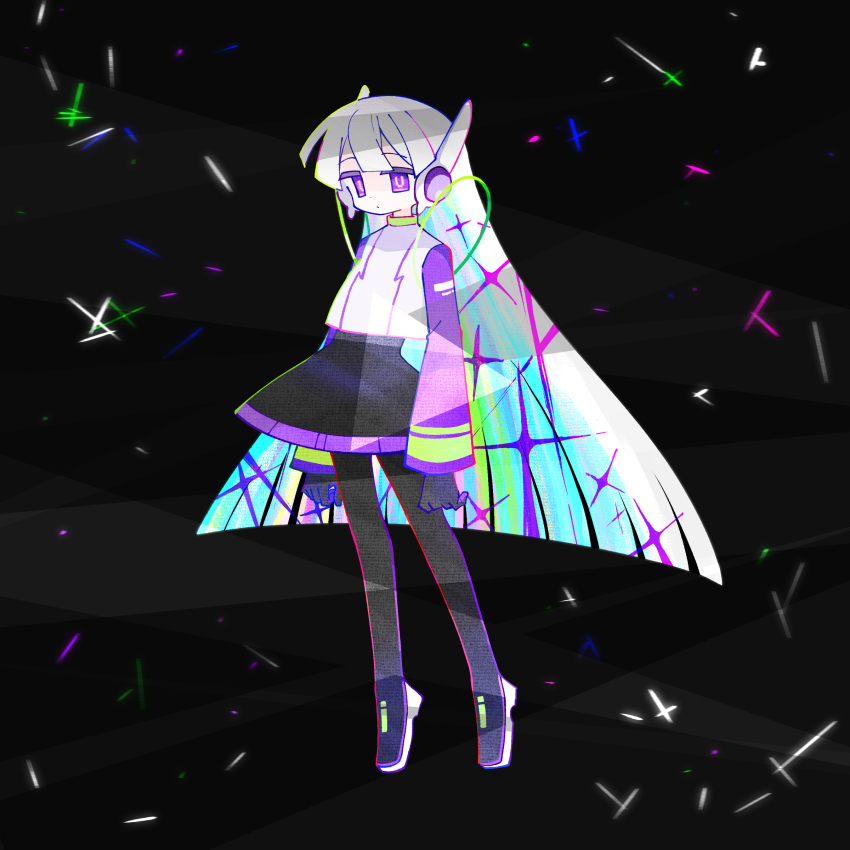 1girl absurdres aiobahn album_cover android black_background black_gloves blunt_bangs circle_skirt closed_mouth commentary_request cover expressionless full_body gloves grey_hair highres long_hair long_sleeves odayaka pale_skin purple_eyes second-party_source shirt shoes solo sparkle standing symbol_in_eye very_long_hair white_shirt