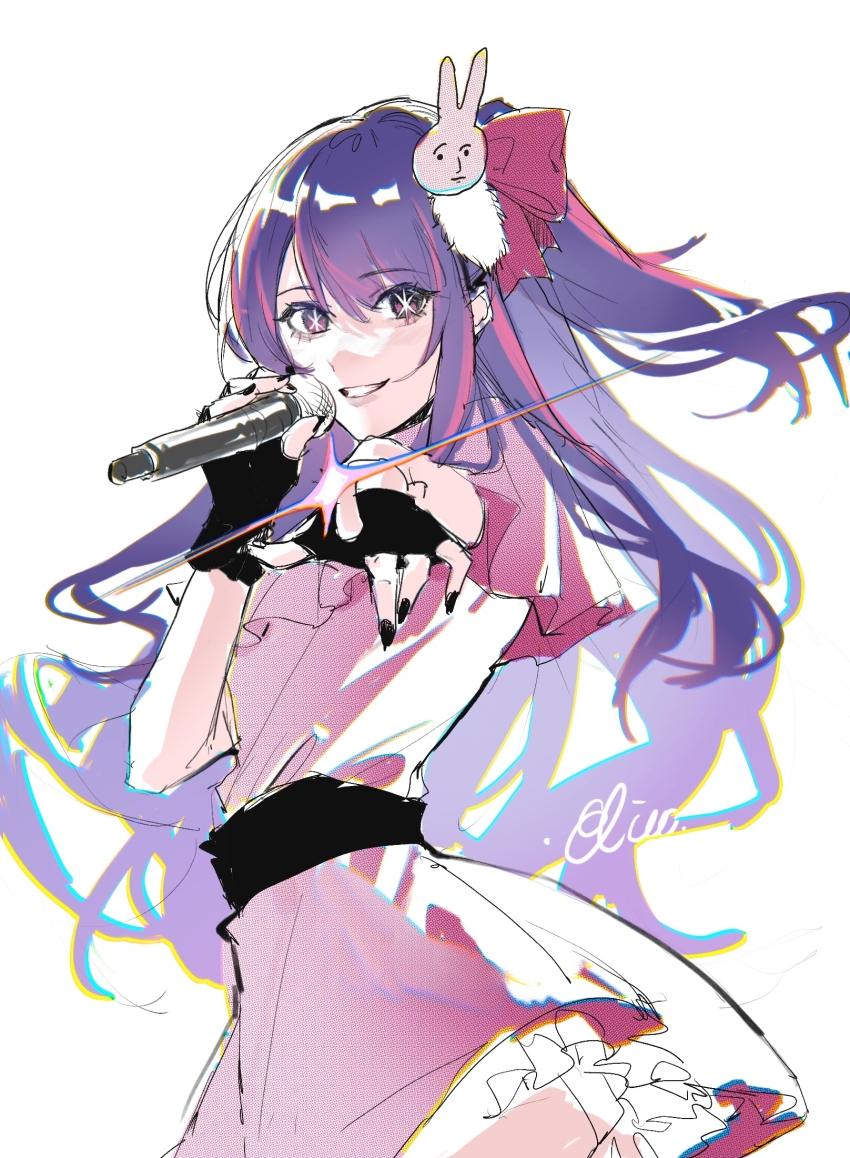 1girl black_gloves black_nails chinese_commentary commentary_request cowboy_shot dress elicooc fingerless_gloves from_side gloves grin hair_ornament hair_ribbon highres holding holding_microphone hoshino_ai idol idol_clothes long_hair looking_at_viewer microphone multicolored_hair nail_polish oshi_no_ko pink_dress pink_ribbon pink_streaks pointing pointing_at_viewer purple_eyes purple_hair rabbit_hair_ornament ribbon sash signature smile solo star-shaped_pupils star_(symbol) streaked_hair symbol-shaped_pupils waist_sash white_background