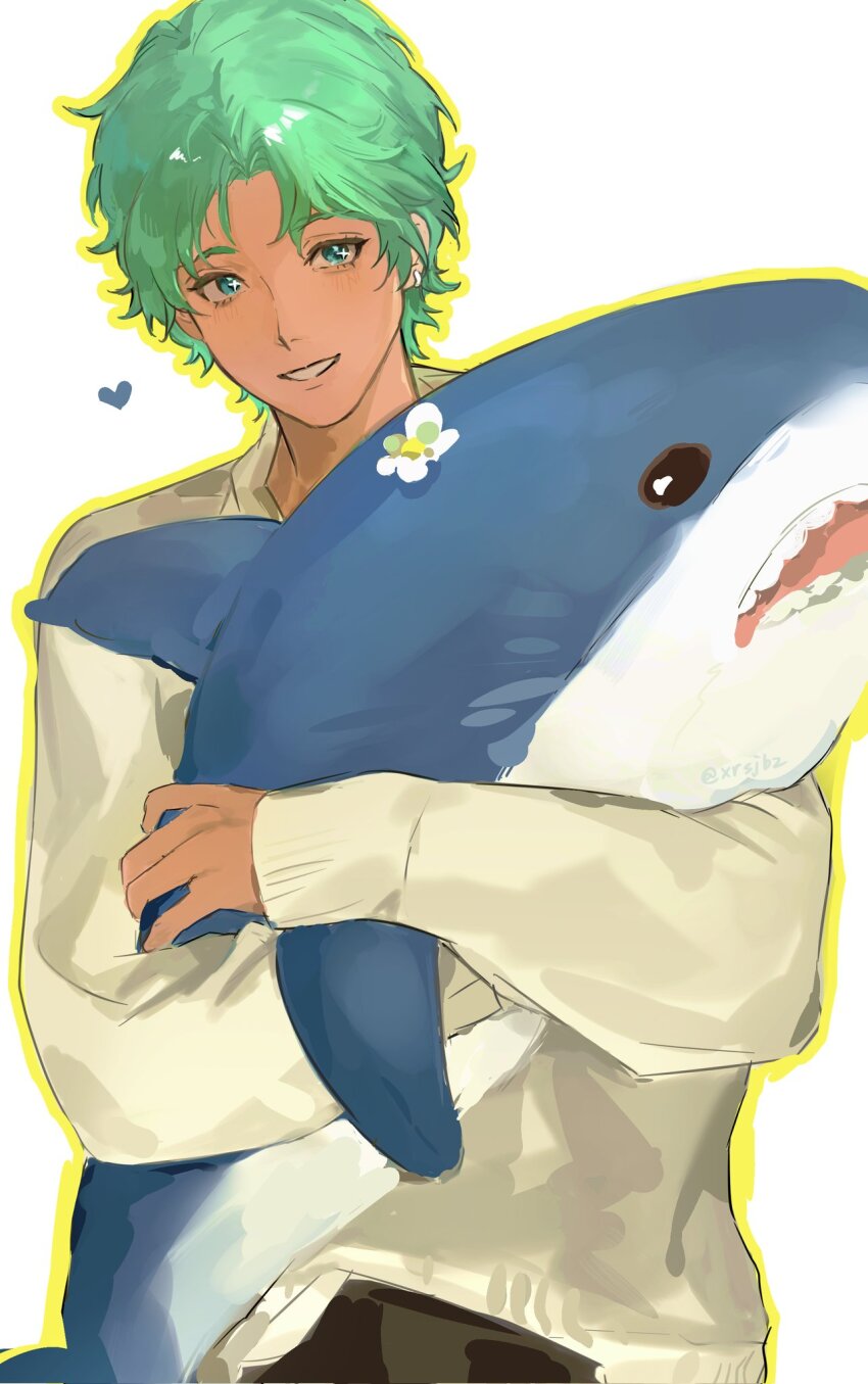 1boy :d cove_holden green_eyes green_hair grin heart highres holding holding_stuffed_toy hugging_object ikea_shark male_focus open_mouth our_life:_beginnings_and_always outline short_hair smile solo sparkling_eyes stuffed_animal stuffed_shark stuffed_toy sweater upper_body white_sweater xrsjbz yellow_outline