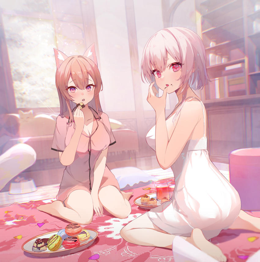 2girls absurdres animal_ear_fluff animal_ears babydoll between_legs blush breasts brown_hair cake cat commentary eating food food_on_face from_behind hair_between_eyes hand_between_legs highres licking licking_finger light_particles light_rays long_hair looking_at_viewer looking_back macaron medium_breasts mole mole_under_eye multiple_girls naked_shirt on_floor original pink_eyes pink_hair shirt short_hair sitting sunlight symbol-only_commentary tamago_nezumi thick_eyebrows wariza white_babydoll