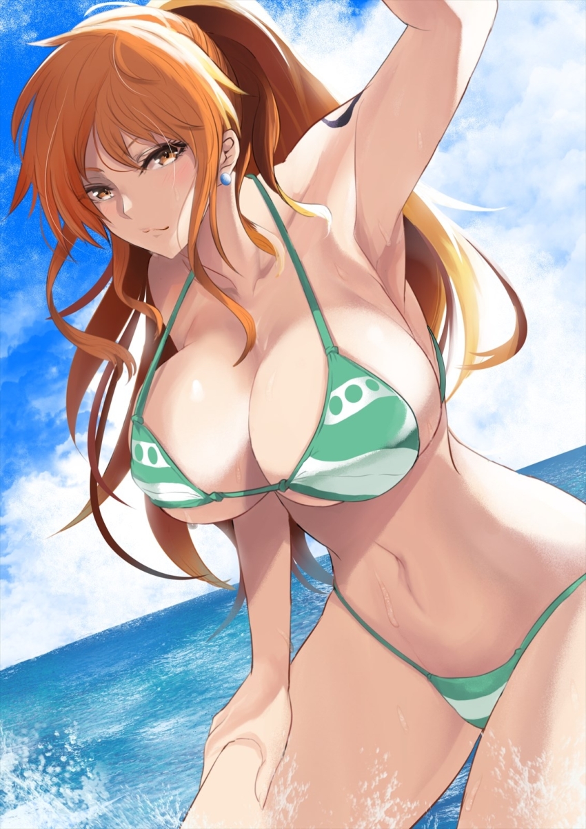 1girl alternate_hairstyle arm_up armpits bikini blue_sky breasts brown_eyes cleavage closed_mouth curvy day earrings green_bikini hand_on_own_thigh high_ponytail highres jewelry kawabata_yoshihiro large_breasts long_hair nami_(one_piece) navel ocean one_piece orange_hair outdoors partially_submerged ponytail shiny_skin shoulder_tattoo sky solo swimsuit tattoo thong thong_bikini underboob water wide_hips