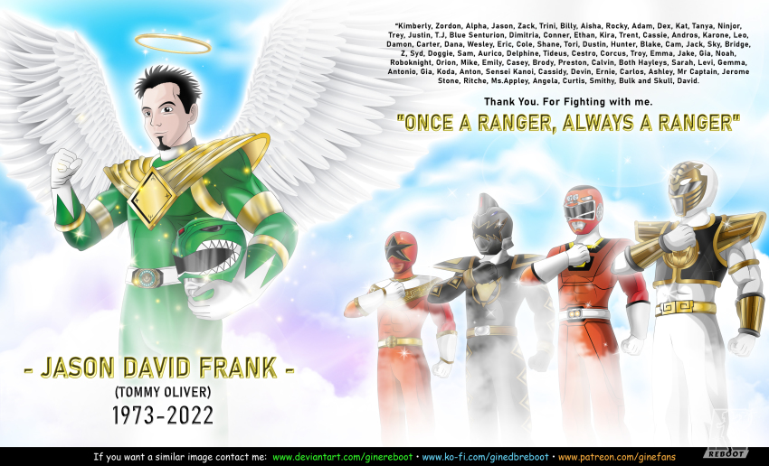1boy absurdres angel angel_wings arm_guards armor beard belt black_bodysuit black_dino_ranger black_hair bodysuit boots character_request commentary commission copyright_request dino_buckler dragon_ranger english_text facial_hair feathered_wings ginereboot gloves gold_armor gold_trim green_bodysuit halo helmet highres holding holding_helmet jason_david_frank kiba_ranger oversized_wings letterboxed male_focus mighty_morphin_green_ranger mighty_morphin_power_rangers mighty_morphin_white_ranger power_rangers power_rangers:_battle_for_the_grid power_rangers:_legacy_wars power_rangers_(boom!_studios) power_rangers_dino_thunder power_rangers_ninja_steel power_rangers_turbo power_rangers_wild_force power_rangers_zeo real_life red_bodysuit red_turbo_ranger shoulder_armor spiked_hair tokusatsu tommy_oliver unworn_headwear unworn_helmet white_bodysuit white_wings wings zeo_ranger_v_red