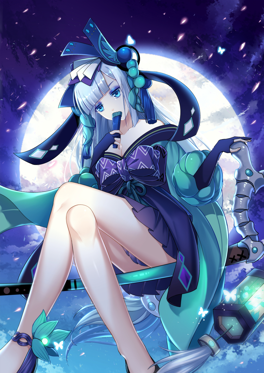 1girl absurdres aoandon backlighting bare_shoulders black_gloves blue_eyes bow bug butterfly collarbone colored_eyelashes covering_own_mouth crossed_legs dress elbow_gloves eyeshadow female_focus folding_fan full_moon gloves glowing_butterfly hand_fan highres hime_cut insect long_hair looking_at_viewer makeup moon off-shoulder_dress off_shoulder onmyoji outdoors partially_fingerless_gloves puffy_sleeves purple_bow sannio silver_hair sitting solo very_long_hair