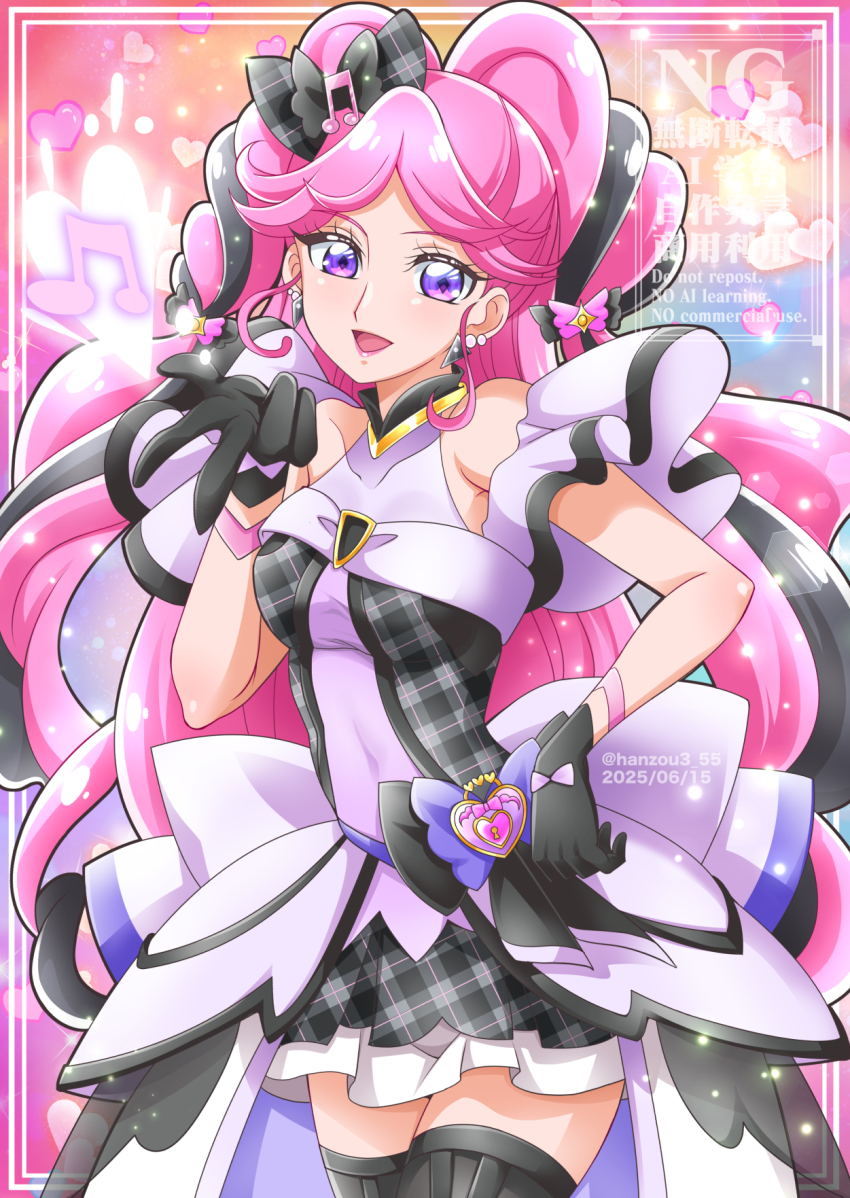 1girl bare_arms bare_shoulders black_choker black_gloves black_hair black_socks blowing_kiss boots braid breasts choker cure_kiss curly_hair curly_sidelocks dress earrings fluffy_clothes fortissimo frilled_ribbon frills gingham_dress gloves gradient_hair hair_ornament hair_ribbon half_gloves hands_on_own_stomach hanzou heart heart-shaped_lock heart-shaped_pupils heart_background highres jewelry kimi_to_idol_precure knee_boots long_hair looking_at_viewer meroron_(human_form) multicolored_hair multiple_earrings musical_note musical_note_hair_ornament open_mouth parted_bangs pearl_earrings pink_hair precure puffy_short_sleeves puffy_sleeves purple_dress purple_eyes ribbon short_sleeves socks solo solo_focus standing symbol-shaped_pupils twin_braids twintails twitter_username very_long_hair watermark