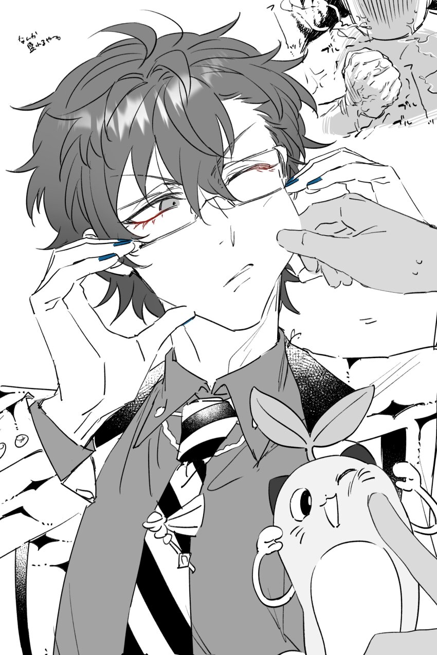 2boys absurdres anger_vein blue_nails cheek_pull collared_shirt gagake_v greyscale hair_between_eyes hands_up highres jacket leos_vincent male_focus mameneko_(leos_vincent) monochrome multiple_boys necktie nijisanji one_eye_closed parted_lips shirt short_hair spot_color sweat tie_clip upper_body veins veiny_hands virtual_youtuber