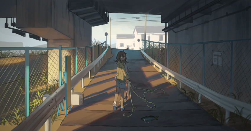 1girl bad_id bad_misskey.io_id black_hair blue_shoes blue_shorts bridge building chain-link_fence crying dark_skin fence fish hair_between_eyes hood hood_down hoodie jitome looking_back original power_lines rope scenery shadow shoes shorts socks solo standing tensen_(dotted_line) under_bridge webp-to-png_conversion yellow_eyes