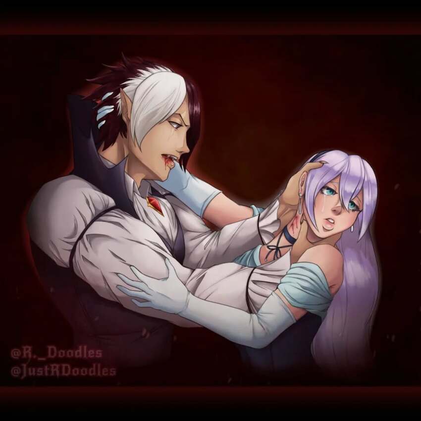 1boy 1girl bite_mark biting black_hair blood blood_from_mouth breasts cape facial_scar fang fangs fingernails gloves isolde_(kof) justrdoodles long_hair multicolored_hair muscular muscular_male nameless_(kof) neck_biting open_mouth pointy_ears scar scar_across_eye scar_on_cheek scar_on_face sharp_fingernails short_hair split-color_hair the_king_of_fighters the_king_of_fighters_2002 two-tone_hair vampire vampire_costume white_hair