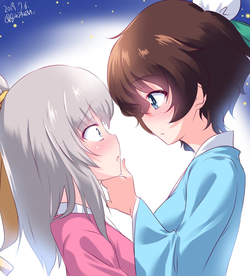 2girls :o akaboshi_koume alternate_hairstyle blue_eyes blue_kimono blush brown_hair commentary_request constricted_pupils cosplay dated from_side girls_und_panzer grabbing_another&#039;s_chin hair_ribbon hand_on_another&#039;s_chin height_difference highres hikoboshi hikoboshi_(cosplay) itsumi_erika japanese_clothes kimono kuzuryuu_kennosuke long_sleeves looking_at_another medium_hair multiple_girls one-hour_drawing_challenge orihime_(cosplay) orihime_(tanabata) parted_lips partial_commentary pink_kimono ponytail red_eyes ribbon short_hair silver_hair tanabata twitter_username upper_body wavy_hair white_ribbon wide_sleeves yellow_ribbon yuri