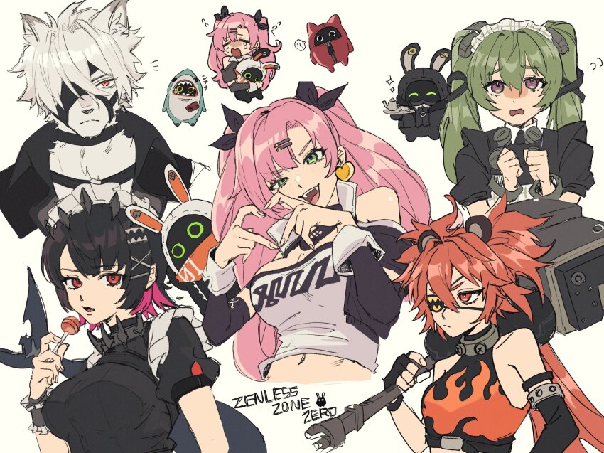 1boy four-finger_heart_hands 4girls animal_ears bangboo_(zenless_zone_zero) bare_shoulders bear_ears black_dress black_gloves body_fur candy character_request commentary copyright_name corin_wickes dress ellen_joe eous_(zenless_zone_zero) eyepatch flame_print food furry furry_male gloves green_eyes green_hair hair_between_eyes hammer heart heart_hands highres holding holding_candy holding_food holding_hammer holding_lollipop koleda_belobog lollipop long_hair multiple_girls nicole_demara okrakun pink_hair purple_eyes red_eyes red_hair shirt short_sleeves twintails von_lycaon white_fur white_hair white_shirt wolf_boy wolf_ears zenless_zone_zero