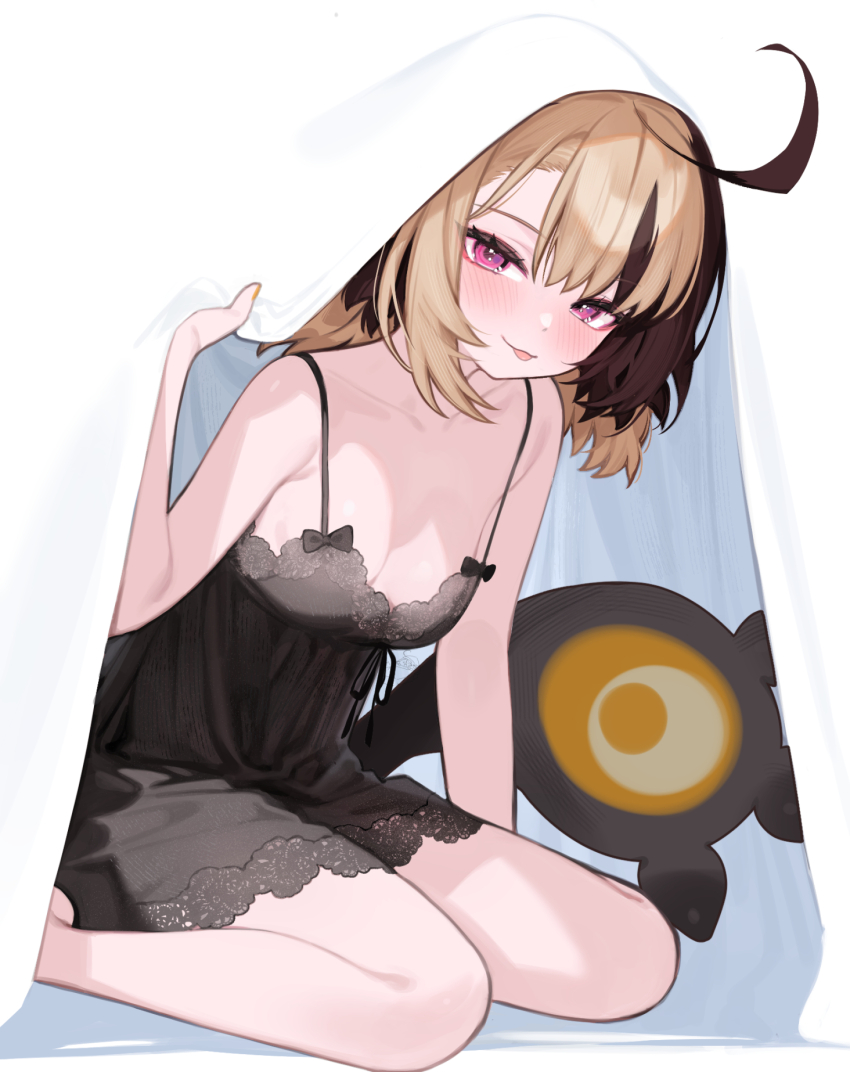 1girl :p ahoge alternate_costume black_nightgown blanket blonde_hair blush breasts brown_hair cleavage commentary english_commentary gigi_murin highres hololive hololive_english hoshi_usagi looking_at_viewer medium_breasts multicolored_hair nightgown pink_eyes seiza short_hair short_twintails simple_background sitting sleepwear small_breasts solo tail tongue tongue_out twintails two-tone_hair under_covers virtual_youtuber white_background