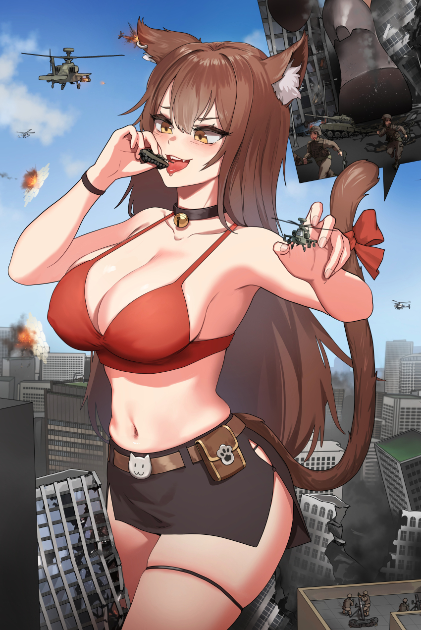 1girl absurdres ah-64_apache aircraft animal_ear_fluff animal_ears army assault_rifle attack_helicopter bell belt belt_pouch black_collar black_high_heels black_skirt blue_sky bra breasts brown_belt brown_hair cat_ears cat_girl cat_tail cityscape cleavage cloud cloudy_sky collar collarbone commission covered_erect_nipples cowboy_shot ear_piercing energy_barrier energy_shield explosion eyelashes fangs firing fleeing giant giantess gun hand_up helicopter high_heels highres jingle_bell kkasi00 korean_commentary large_breasts long_hair looking_at_object microskirt military_vehicle miniskirt missile mortar_(weapon) motor_vehicle multiple_views neck_bell open_mouth original outdoors panty_straps piercing pouch red_bra rifle saliva side_slit skirt sky solo_focus tail tank teeth thick_thighs thigh_strap thighs tongue tongue_out underwear upper_teeth_only weapon wristband yellow_eyes